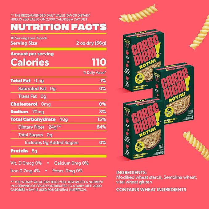 Carbe Diem!, Rotini, Lower Net Carb Pasta with Traditional Flavor & Texture, 8 grams of Protein, 55% Fewer Net Carbs & Only 110 Calories Per Serving, Pack of 3