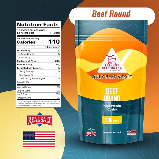Phillips Beef Crisps - Round - Only Beef & Salt - Zero Carbs - Zero Sugar - High Protein Meat Snacks - 23g Protein