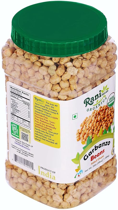 Rani Organic Garbanzo Beans (Kabuli Chana) 48oz (3lbs) 1.36kg Bulk PET Jar ~ All Natural | Vegan | Gluten Friendly | NON-GMO | Indian Origin | USDA Certified Organic