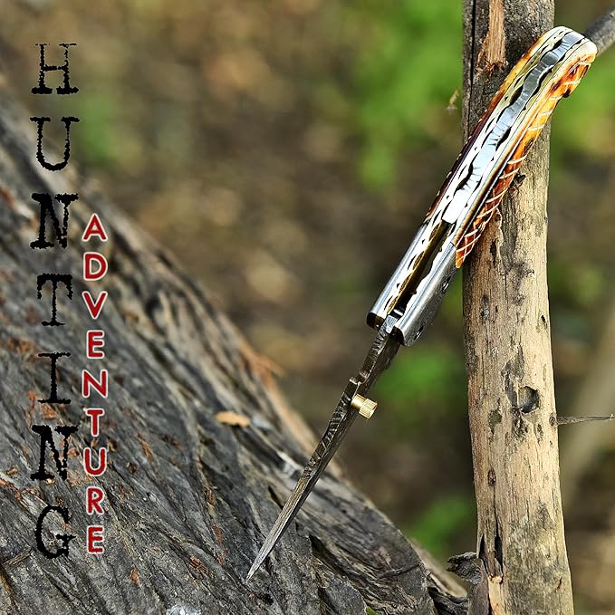 Handmade Damascus Folding Knife for Men with Burn Bone, 7.5 inch Pocket Knife with Sheath,Tactical Camping Knife with Liner Lock for Outdoor, Survival, Hunting, Fishing,