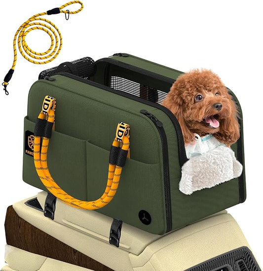 PAWZIDEA Center Console Dog Car Seat, Enclosed Secure Armrest Booster Seat for Small Dogs & Cats up 12lbs, Soft-Sided Travel Pet Carrier Safety Straps, Removable Pillow, Storage Pocket, Shoulder Strap