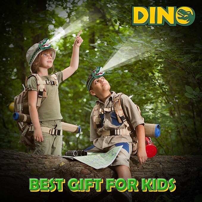 Dinosaur Headlamp for Kids T-Rex LED Flashlight with Roar Sound and Projection Adjustable Headband Fun Camping Gear Outdoor Adventure Toy Gift for Boys and Girls Ages 3-8