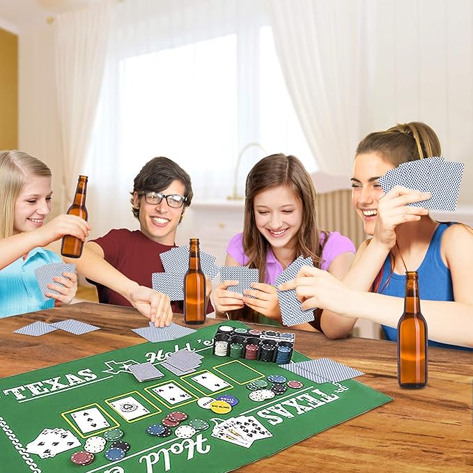 Gamie Texas Holdem Poker Game Set - Includes Hold?™em Mat, 2 Card Decks, Chips, Chip Holder and Tin Storage Box - Fun Game Night Supplies - Cool Casino Gift for Kids & Adults