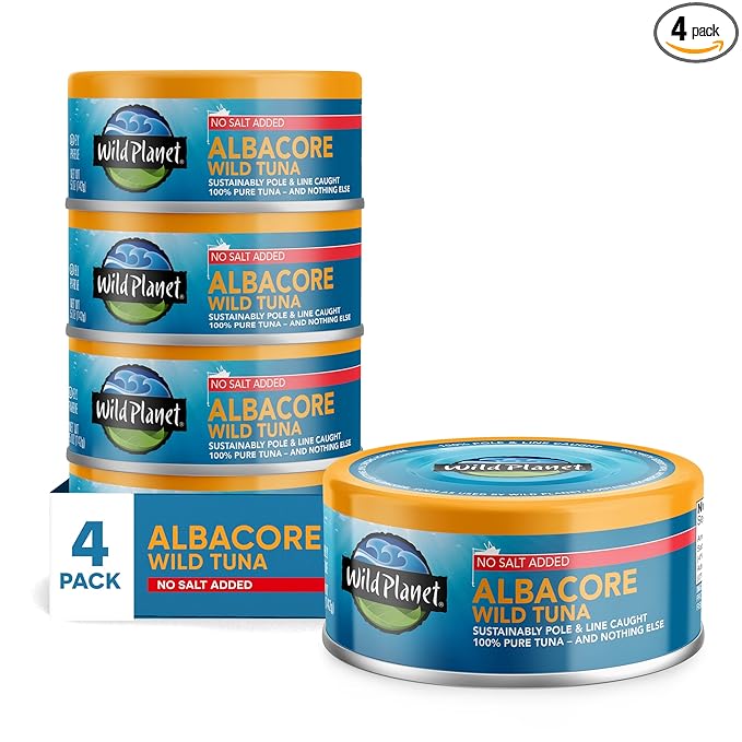 Wild Planet Albacore Wild Tuna, No Salt Added, Canned Tuna, Pole & Line Caught, 5 oz, Pack of 4, Packaging May Vary