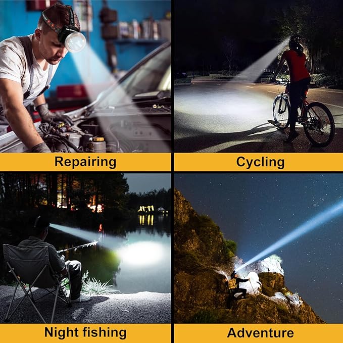 Kitness Ultra-Bright LED Headlamp,High Power Rechargeable Waterproof Headlight with 2 Light Modes for Outdoor Activities,Perfect for Camping, Hiking, Running, Emergencies (Silver Style-Yellow Light)