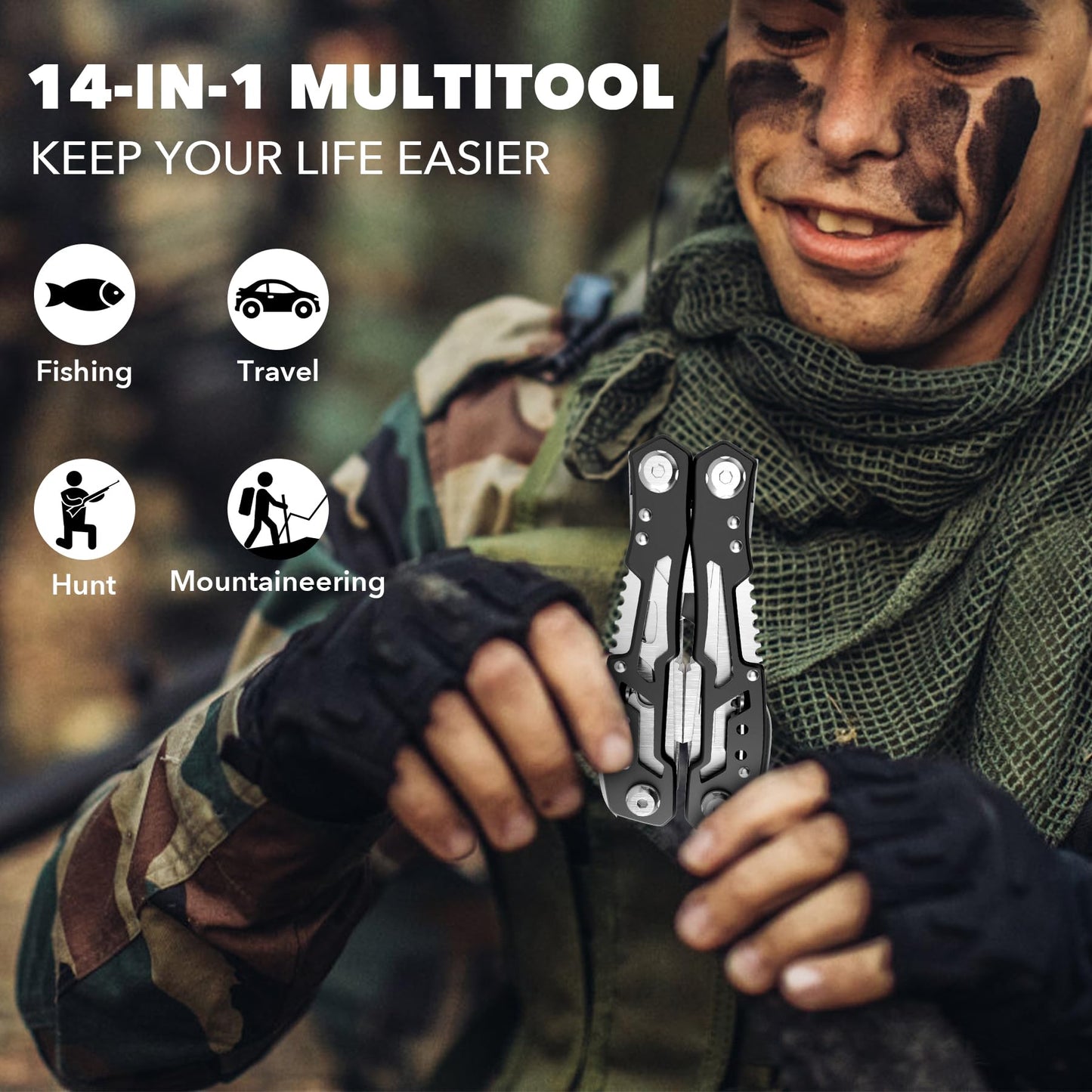 14-In-1 Multitool with Safety Locking, Professional Stainless Steel Multitool Pliers Pocket Knife
