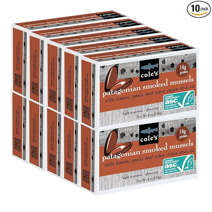 Cole?™s Patagonian Smoked Mussels Canned with Lemon & Garlic in Extra Virgin Olive Oil | 4oz Hand-Packed Tinned Mussels | 14g Protein |10 pack