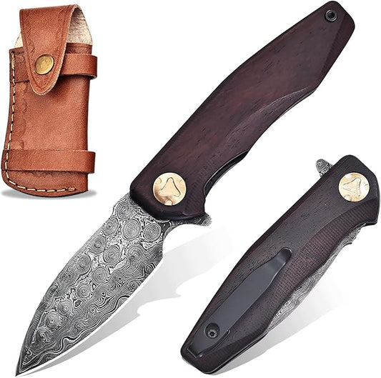 Damascus Pocket Knife with Clip, Damascus Steel Folding Knives for Men Women - EDC Knife with Sheath for Camping, Hiking