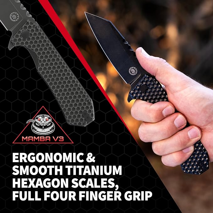 Off-Grid Knives - MAMBA V3, Large EDC Knife with MagnaCut Blade Steel, Titanium Scales and Hardware, Manual Ball Bearing Flipper, Four Finger Grip, Deep Pocket Carry (Blackout)