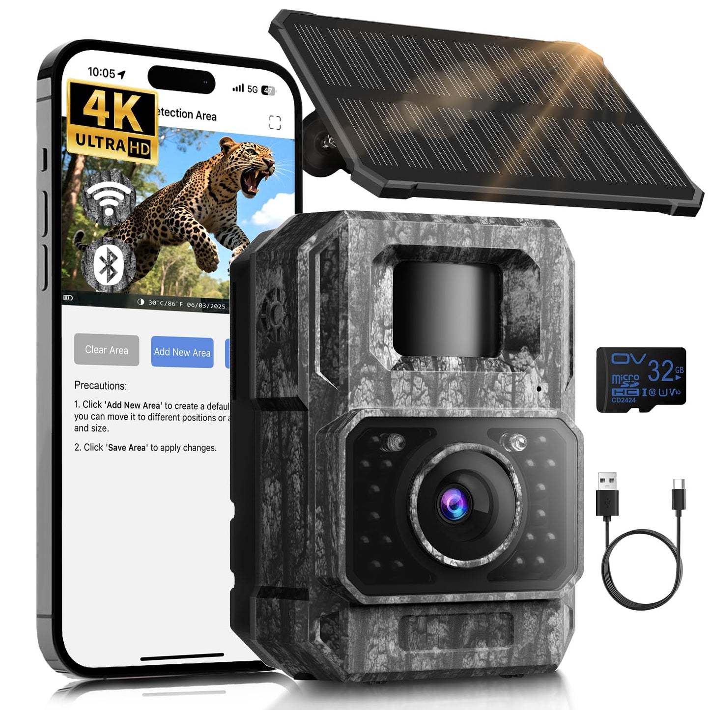 MAXDONE Solar Trail Camera, 4K 64MP WiFi Bluetooth Night Vision Game Camera