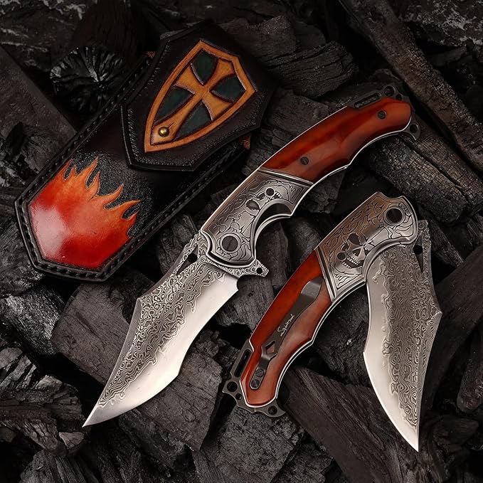 Damascus pocket knife clip leather sheath, VG10 core folding knife, portable EDC clip, outdoor survival camping bone handle