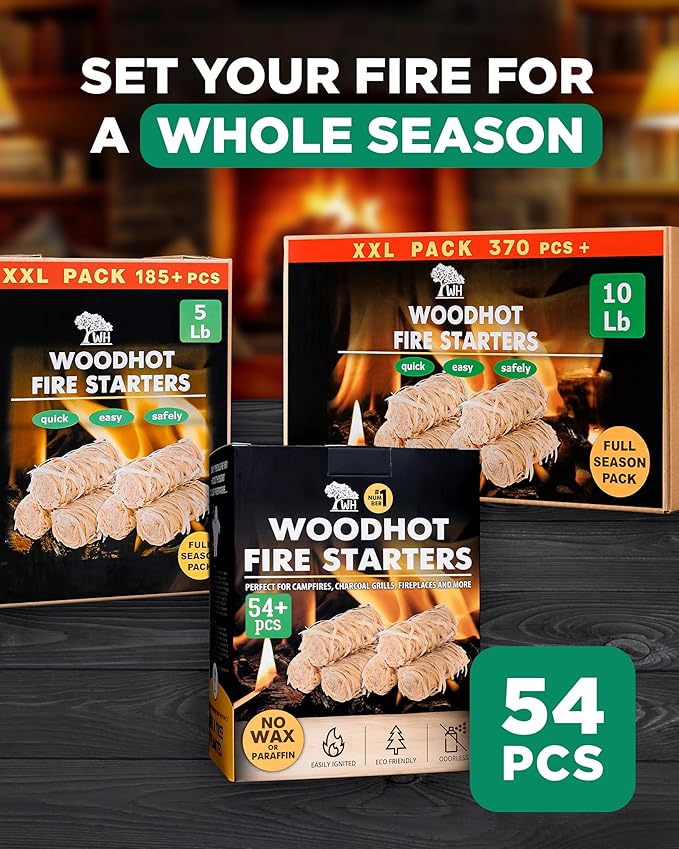 WH 54+ Pack Natural Fire Starters for Campfires & Grill - Long-Burning Charcoal Starters - Odorless Firestarters for Outdoor Fire Pit, Fireplace - Quick Ignite