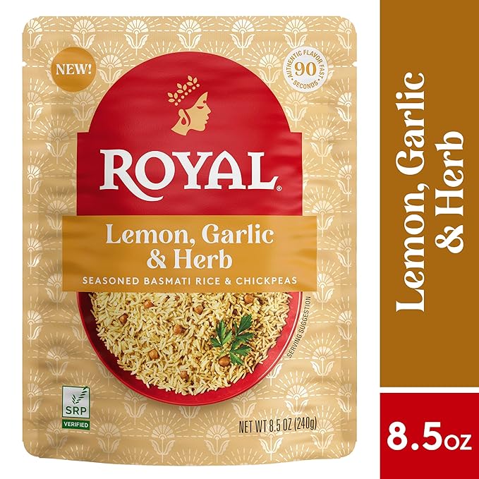 Royal Lemon, Garlic, and Herb Basmati White Rice and Chickpeas - Ready to Heat Basmati Rice - (6 Pack) 8.5 oz Microwaveable Pouch