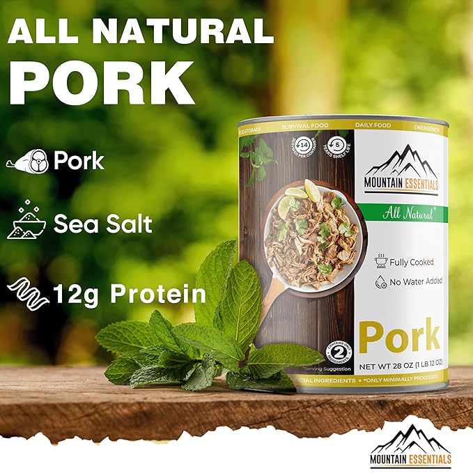 MOUNTAIN ESSENTIALS Canned Pork 28 Oz – Fully Cooked, Ready to Eat – Pantry Staple Canned Meat for Everyday Meals, Emergency Survival & Bulk Food Storage – 5-Year Shelf Life – Made in USA – 12 Pack