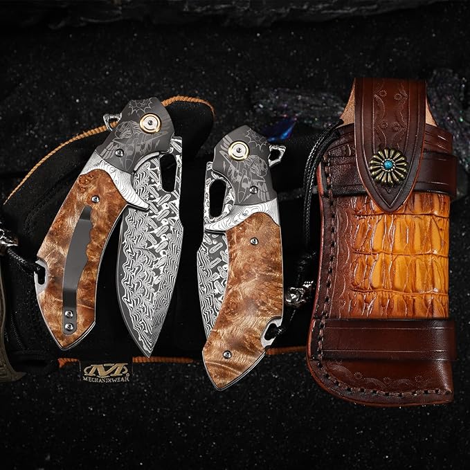 Damascus Steel Folding Pocket Knifeï¼?.6in Men's EDC knife，With leather sheath，pocket clip，Liner Lock，Fighter Pattern，Tree Tumor Shadow Wood Handle，For outdoor hunting Fishing camping knife