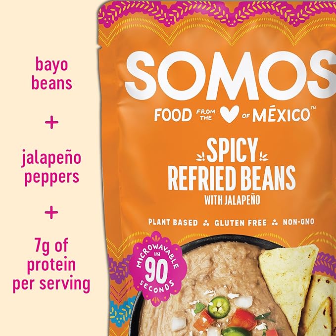 SOMOS Spicy Refried Beans - Gluten Free, Non-GMO, Vegan & Microwavable Meals Ready to Eat - Delicious, Healthy & Convenient - Perfect for Tacos, Tostadas & More | 10 oz (Pack of 6)