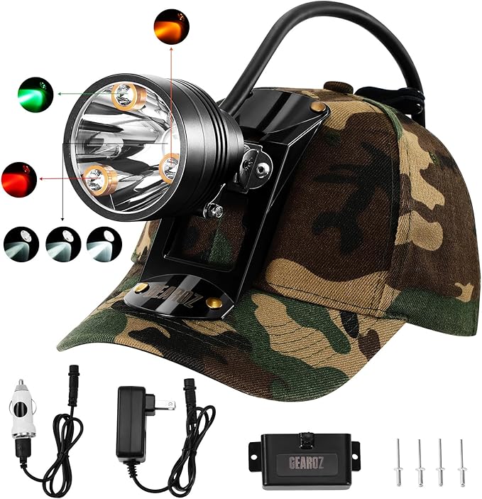 Coon Hunting Lights Headlamp for Coyotes Hog Predators, 10W Rechargeable & IPX5 Waterproof, 6 Lighting Modes, 45000LUX 4-Color LED (White Red Green Amber) with Camo Hunting Hat for Forehead