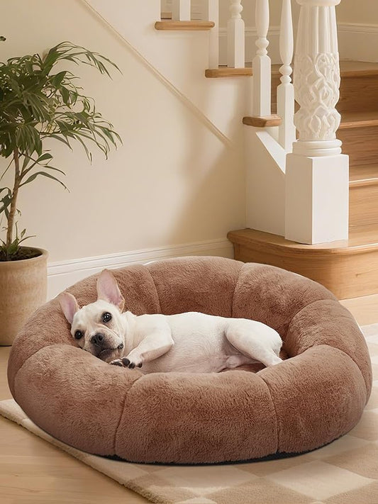 OhGeni 31 inches Calming Donut Orthopedic Dog & Cat Bed for Medium Pets, Warming Comfort Fluffy Short Pile Fur, Durable Waterproof Machine Washable Removable Cover, Cute Round Bed for Puppy, Brown