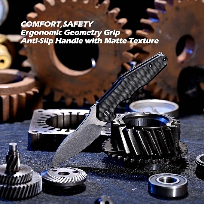 Hightron Mini Ventura Pocket Knife, Flipper Folding Knife with 2.85" Stonewashed Sharp D2 Blade and G10 Handle, EDC Pocket Knives with Pocket Clip for Camping Hiking Black-W