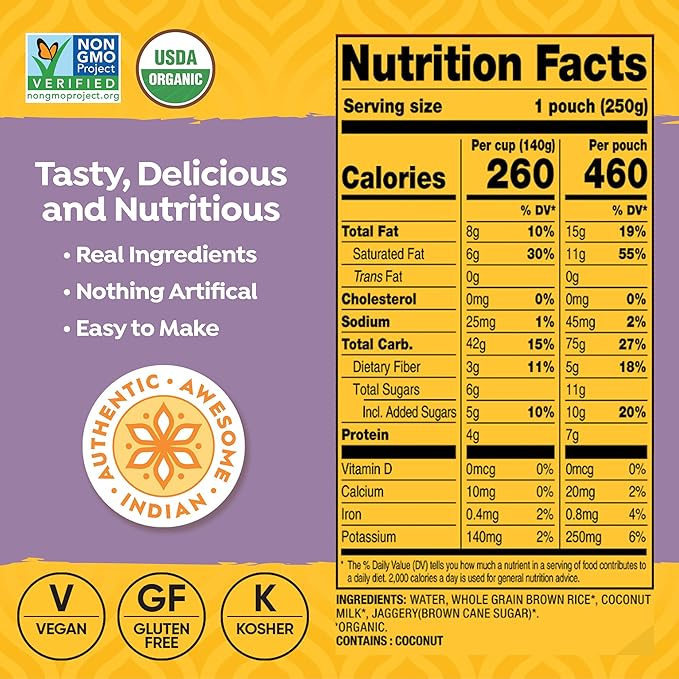 Tasty Bite Organic Coconut Rice, 8.8 Ounce, Pack of 6, Ready to Eat, Microwavable, Vegan, Gluten-Free