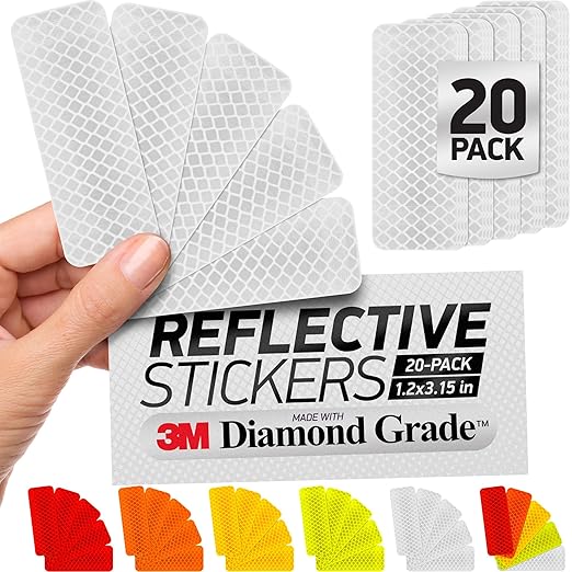 Reflective Safety Tape Stickers | 3M Diamond Grade | White | 1.2″ x 3.15″ | 20-Pack | Safety Warning Tape for Helmets, Cars, Mailboxes & More