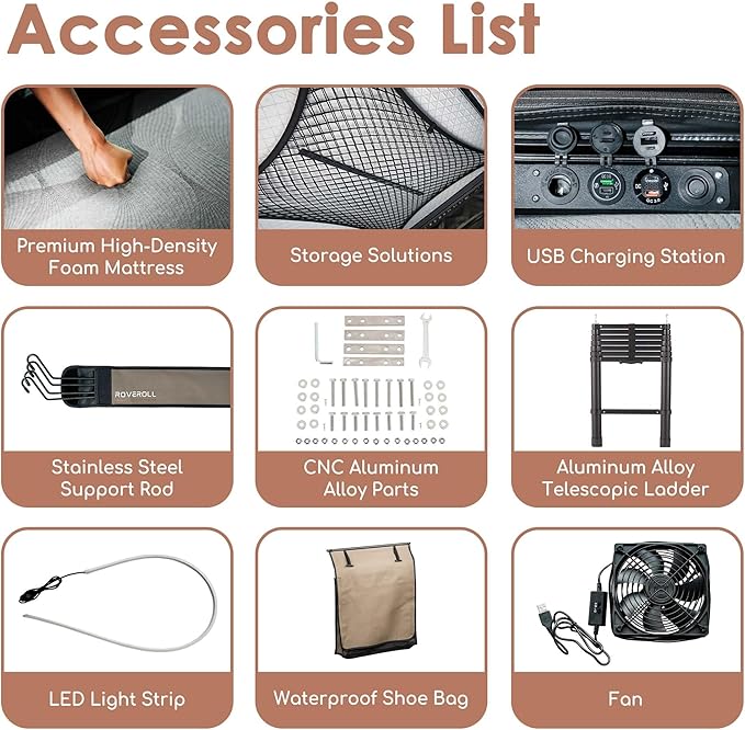 Hardshell Rooftop Tent, Roof Top Tent for 2-3, with Aluminium Ladder, Skyview Window, Mattress, LED Light, Blackout-Coated for UV Protection, Waterproof, for Truck, Jeep, SUV, Van