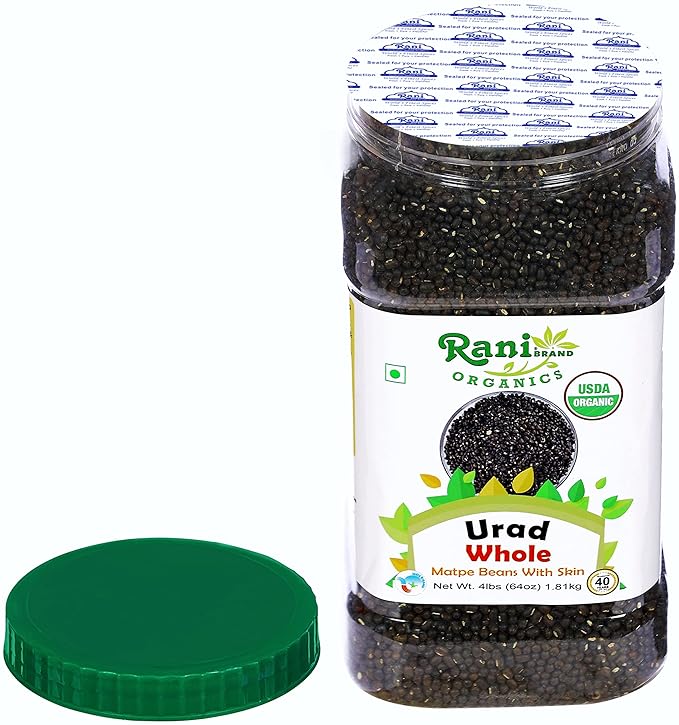 Rani Organic Urid/Urad Whole Black (Matpe Beans With Skin) Indian Lentils 64oz (4lbs) 1.81kg Bulk PET Jar ~ All Natural | Vegan | Gluten Friendly | NON-GMO | Indian Origin | USDA Certified Organic