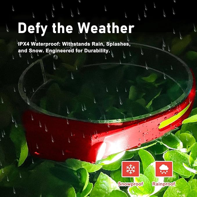 Rechargeable LED Headlamp (Red), 400 Lumens, 230° Wide Beam, USB-C, IPX4, 5 Modes ??Lightweight, Adjustable Headband; Hard Hat Clips for Camping, Hiking, Running & Repairs