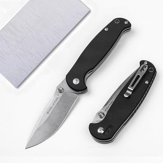 REALSTEEL H6 Blue Sheep Folding Pocket Knife, Liner Lock, 3.74" 14C28N Stonewash Blade, Thumb Stud, G10 Handle, 5oz, Tip-up Pocket Clip, EDC, Gifts, Camping Hiking Hunting(Drop Point Stonewash)