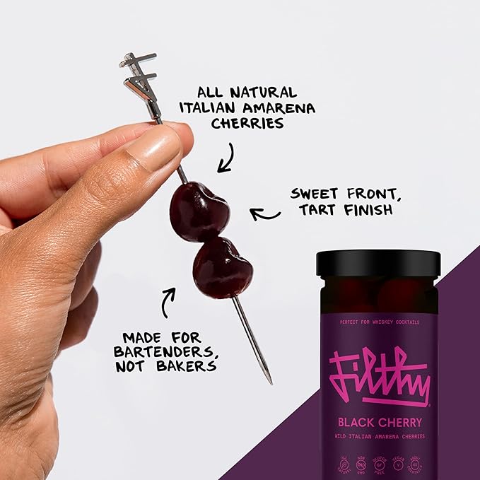 Filthy Cocktail Amarena Black Cherries, Premium Cocktail Garnish, All Natural Wild Italian Amarena Black Cherry, Non-GMO, Gluten Free, Vegan, Slow-Cooked, 11 Oz Jar, 45 Cherries