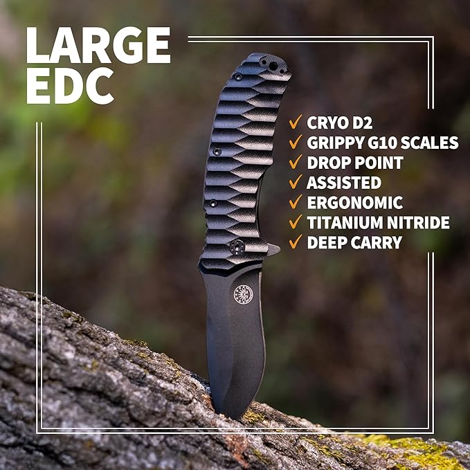Off-Grid Knives - Rapid Fire Blackout - Large Folding Knife for Camping & EDC, Cryogenic D2 Blade Steel, Titanium Nitride Coating with G10 Scales & Deep Carry Clip