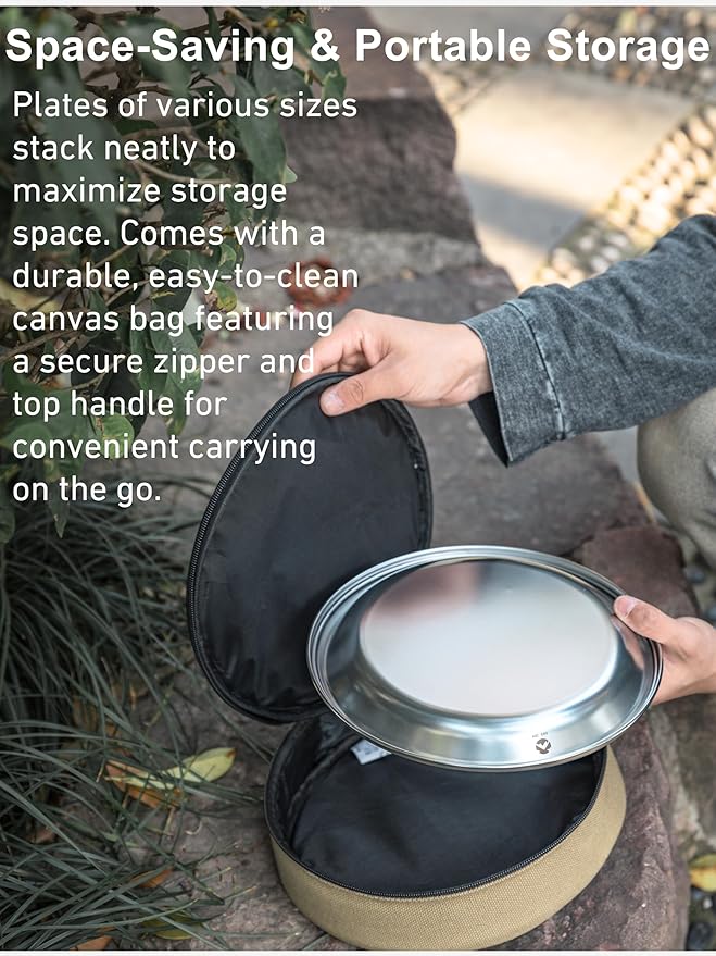 CAMPINGMOON Camping Plates 4 pack set Salad Side Dinner Plate Dishes Outdoor Tableware Stainless Steel with Canvas Case S397-1S