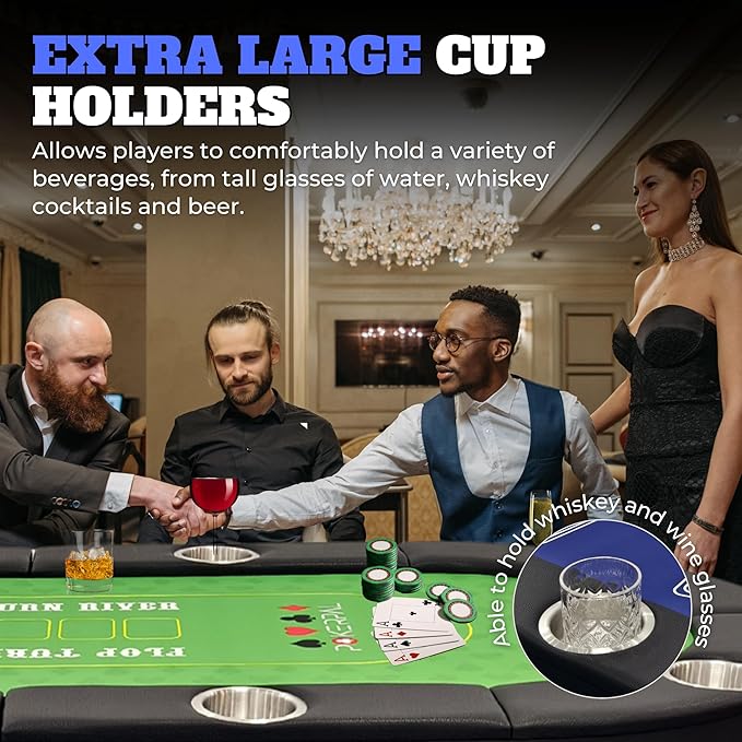8 Player Poker Table with 2 Interchangeable Game mats, Texas Holdem Poker and Blackjack, Collapsible Casino Table with Padded Rails and XXL Cup Holders for Wine and Whiskey Glasses, (71 in)