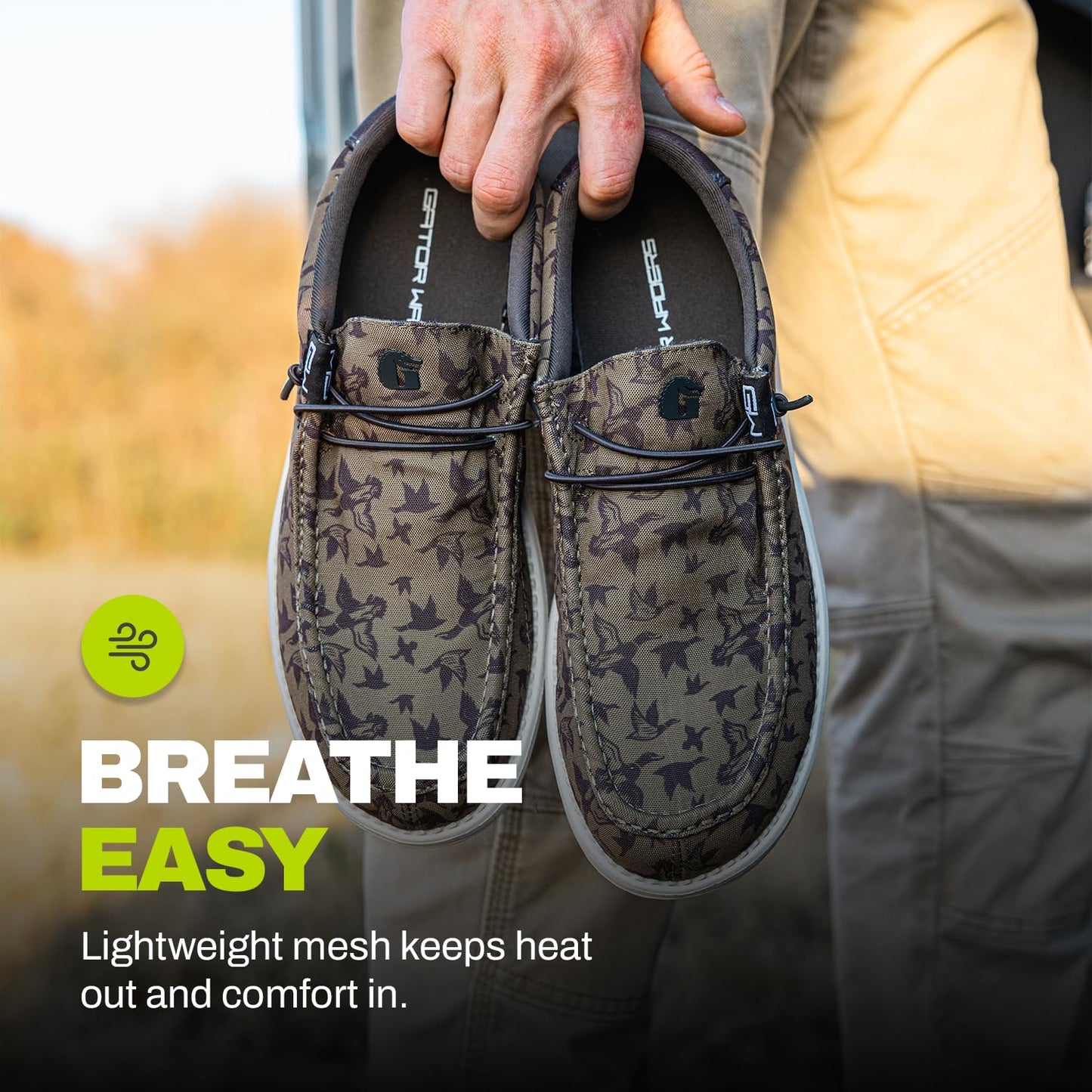 Gator Waders Mens Camp Shoes - Lightweight Slip-On Outdoor Loafers for Men with Elastic Laces