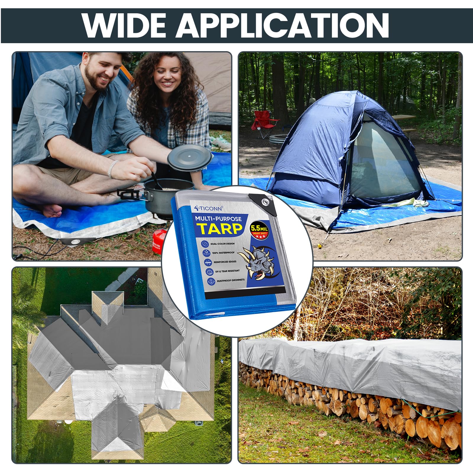 TICONN Heavy Duty Tarp Cover, Extra Thick Tarps Waterproof Tear and Rip Proof UV Resistant
