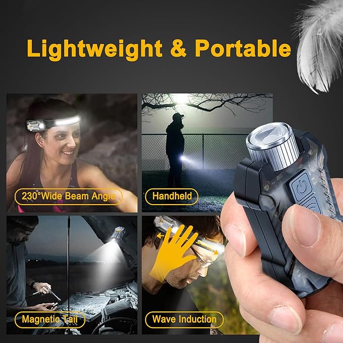 Head Lamps Led Rechargeable 2PCS, 230° Wide Beam Sensing COB Headlamp Flashlight Detachable, 9 Light Modes, Hard Hat Lamp, IP65 Waterproof 400 Lumens for Camping, Fishing, Working, Gift (2, Black)