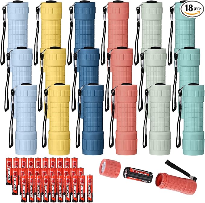 18 Pack 9 LED Small Mini Flashlight Set Plastic Handheld Flashlights with Lanyard, 3 AAA Batteries Included for Kids Night Reading Camping Emergency Hunting, 6 Color (Muted Color)