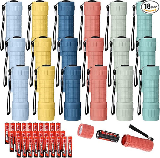 18 Pack 9 LED Small Mini Flashlight Set Plastic Handheld Flashlights with Lanyard, 3 AAA Batteries Included for Kids Night Reading Camping Emergency Hunting, 6 Color (Muted Color)
