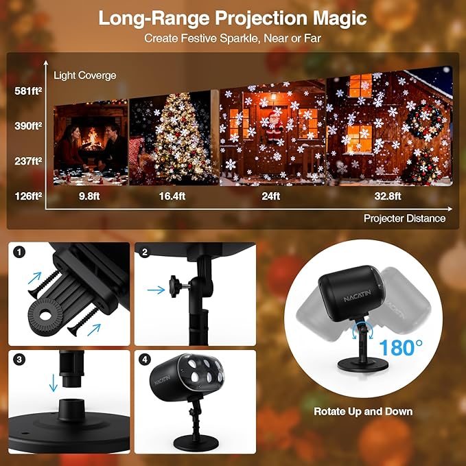 NACATIN Snowfall LED Projector Lights - 2025 Upgrade Christmas Snowflake Projector Lights Outdoor, Christmas Snow Light,Snow Falling Projector Lamp Dynamic Snow Effect for Xmas, Halloween, Party