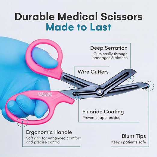 Madison Supply Pink Trauma Shears, EMT and Trauma Shears - 7.5 Inch Quality Stainless Steel Medical Scissors - Fluoride-Coated with Non-Stick Blades - Paramedic Scissors Pink