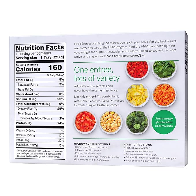 HMR Pasta Fagioli Entrée | Pre-packaged Lunch or Dinner to Support Weight Loss | Ready to Eat | Vegetarian | 14g of Protein | Low Calorie Food | 8oz Serving per Meal | Pack of 6