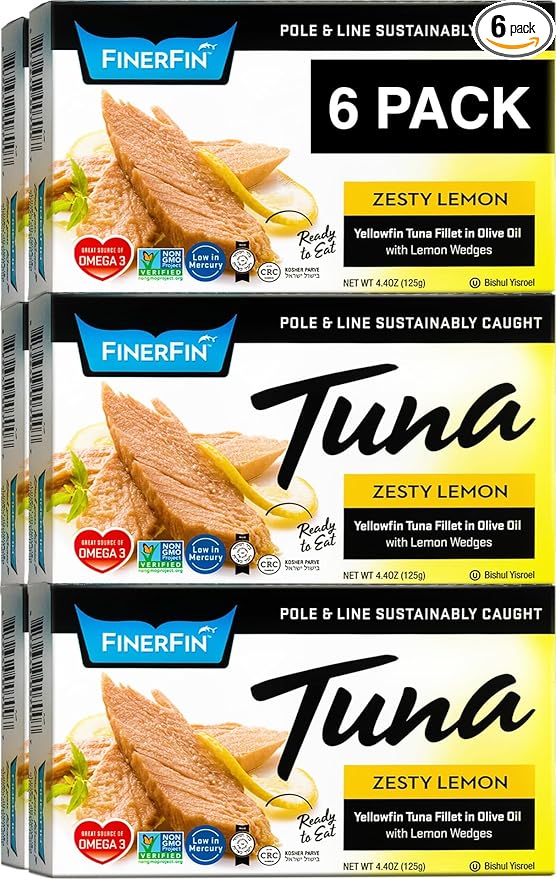 FinerFin Yellowfin Tuna Salad in Organic Olive Oil | Zesty Lemon Flavor | Premium Canned Tuna Fish with EVOO | Gourmet Ready-to-Eat Wild-Caught Fillets | 4.4oz can - 6 Pack