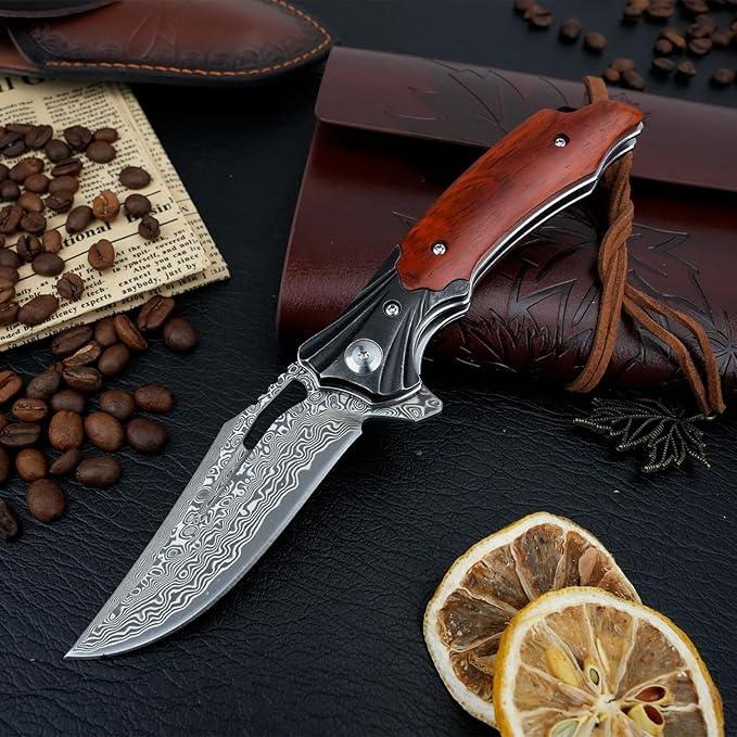 Damascus Pocket Knife for Men Women, Wood Handle Folding Knife with Sheath, 3.15" Damascus Steel Blade Pocket Knives for Outdoor
