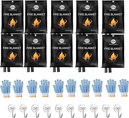 SAFECASTLE Emergency Fire Blanket 59"x59" Large Size 10 Pack + 10 Hooks & 10 Gloves Fire Retardant Blanket with Fireproof Tabs for Home, Outdoor, Office, Car & Camping Fire Protection Survival Safety