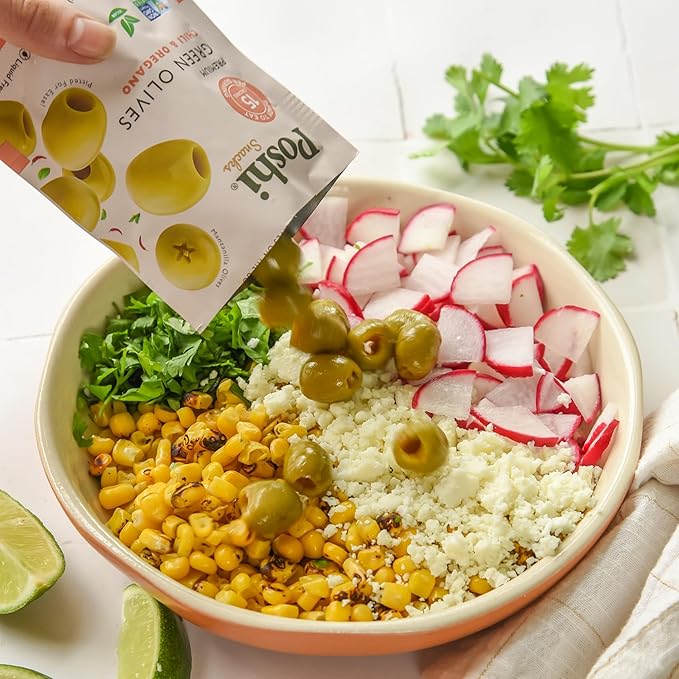 POSHI Green Pitted Olives - Chili & Oregano | Vegan, Kosher, Gluten Free + Keto Friendly, Fresh, All Natural Low Calorie Healthy Snacks | (30 Pack, 1.1oz Bags)