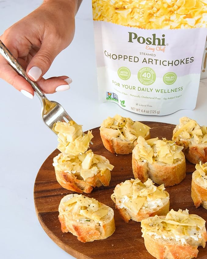 Poshi Chopped Artichoke Hearts - Steamed, Portion-controlled, Ready-to-Eat - Suitable for Quick Meals, Salad Toppings, Pastas - Gluten-Free, Non-GMO, Vegan, 6-Pack (4.4 oz/Pouch)