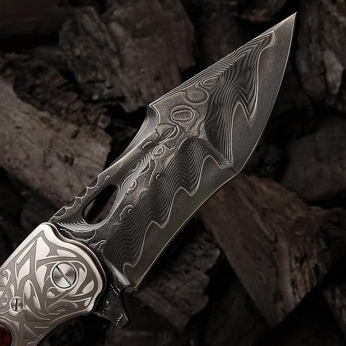 handmade damascus steel pocket folding knife, Snakewood handle with pocket clip and leather case, camping, climbing, fishing, EDC pocket knife