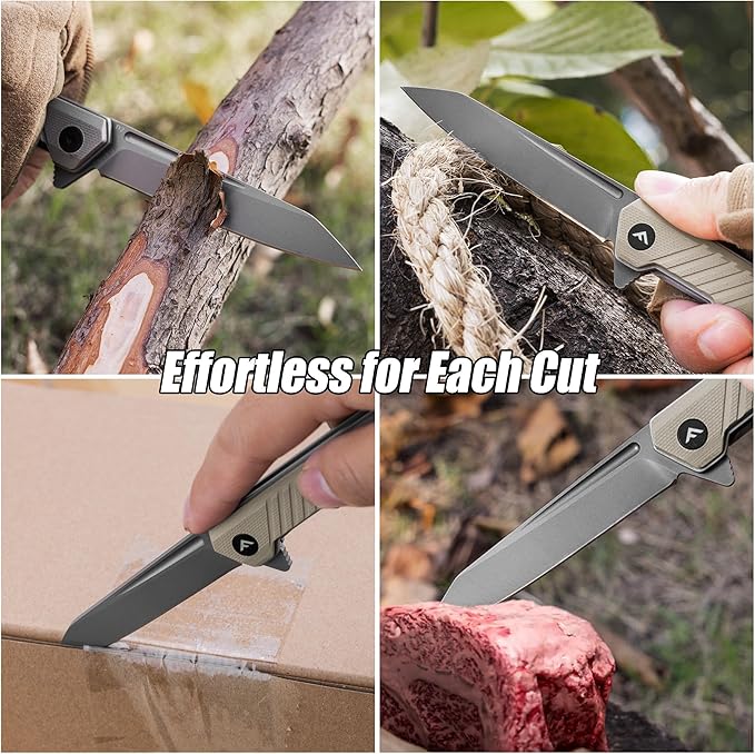 FLISSA Folding Knife, Pocket Knife with D2 Steel Blade, G10 Handle, Pocket Clip, Lightweight for Tactical, Camping, Hiking, Hunting, EDC, Daily Use, Outdoor Activities(Brown)