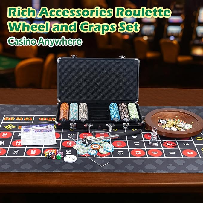 5 in 1 Super Pro Casino Game Set: Blackjack/Texas Hold'em/Roulette/Craps/Poker Kit, 10" Wooden Roulette Wheel, Carrying Case with 300 Clay Chips, 6 Deck Shuffler, 2 Double-Sided Rubber Mat And More