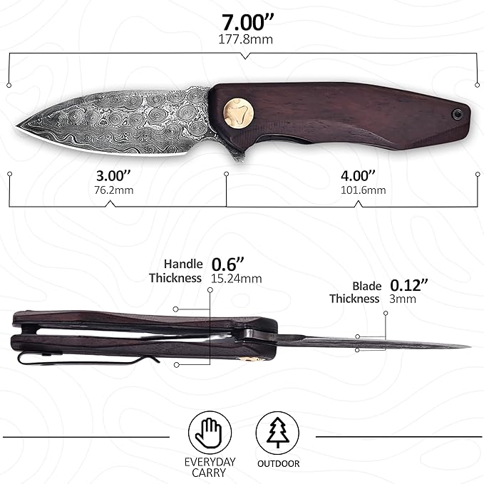 Damascus Pocket Knife with Clip, Damascus Steel Folding Knives for Men Women - EDC Knife with Sheath for Camping, Hiking